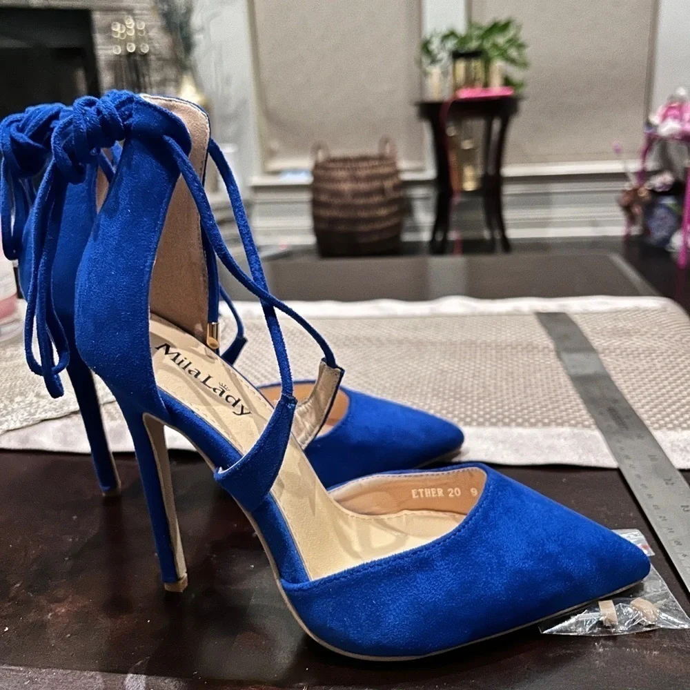Blue suede like pointed toe stiletto pumps, tie up ankle straps, NWT sz 9